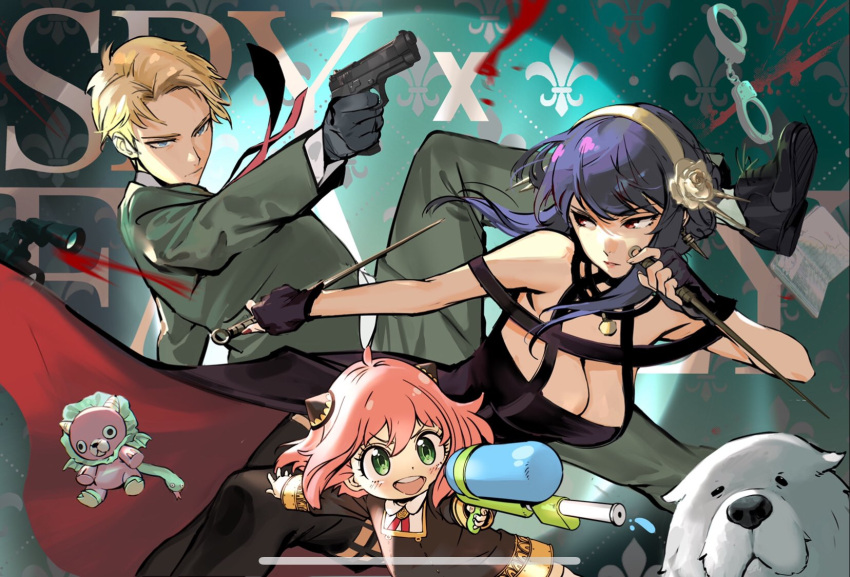 1boy 2girls anya_(spy_x_family) black_dress blonde_hair blue_eyes blue_hair bond_(spy_x_family) breasts cleavage cuffs dagger director_chimera_(spy_x_family) dog dress eden_academy_uniform female_child fighting_stance fingerless_gloves flower gloves green_eyes green_jacket green_pants gun hair_between_eyes hair_flower hair_ornament hairband hairpods handcuffs handgun highres holding holding_gun holding_weapon jacket james_ghio knife large_breasts leg_up medium_hair multiple_girls open_mouth pants pink_hair red_eyes shirt short_hair smile spy_x_family stiletto_(weapon) teeth twilight_(spy_x_family) upper_teeth water_gun weapon white_shirt yor_briar