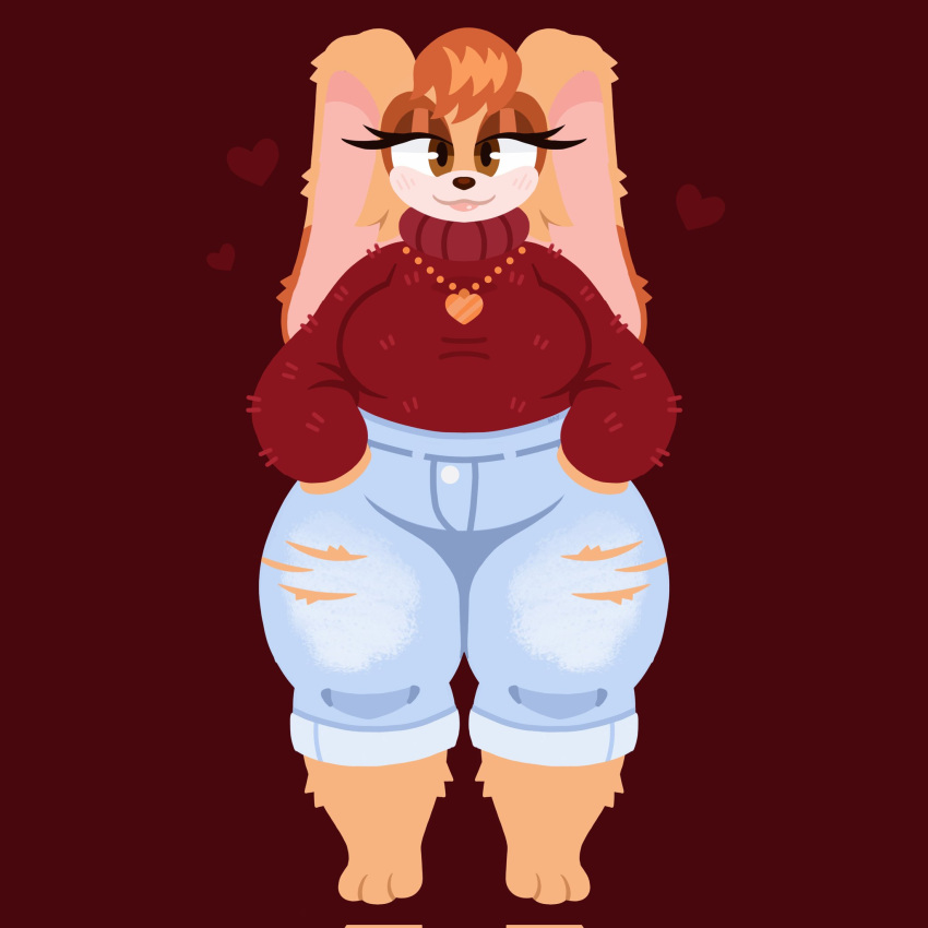 &lt;3 &lt;3_necklace 3_toes anthro big_breasts bottomwear breasts brown_eyes clothed clothing denim denim_clothing digital_media_(artwork) eyelashes feet female fur hair hi_res jeans jewelry lagomorph leporid looking_at_viewer mammal mature_anthro mature_female naycelium necklace pants rabbit red_clothing red_sweater red_topwear sega shirt simple_background smile solo sonic_the_hedgehog_(series) sweater thick_thighs toes topwear vanilla_the_rabbit video_games