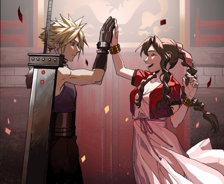 1boy 1girl aerith_gainsborough aqua_eyes arena armor bangs belt blonde_hair blue_shirt bracelet braid braided_ponytail breasts brown_hair buster_sword cleavage closed_eyes cloud_strife confetti cropped_jacket dress f20210401 final_fantasy final_fantasy_vii final_fantasy_vii_remake gloves hair_ribbon high_five highres jacket jewelry jewelry_removed long_dress long_hair materia medium_breasts multiple_belts muscular muscular_male necklace necklace_removed open_mouth pants parted_bangs pink_dress red_jacket ribbon shirt short_hair short_sleeves shoulder_armor sidelocks sleeveless sleeveless_shirt sleeveless_turtleneck smile spiked_hair suspenders turtleneck upper_body wavy_hair weapon weapon_on_back