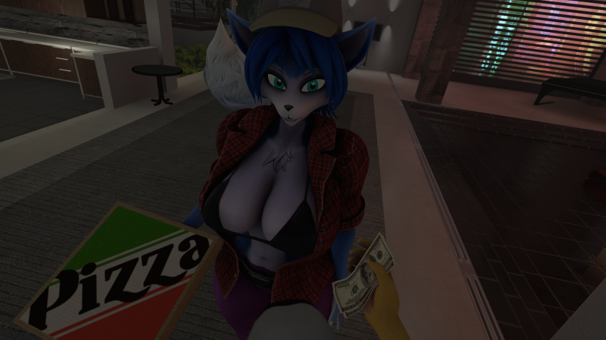 anthro bra breasts canid canine clothing delivery_(commerce) delivery_(disambiguation) delivery_employee dragon696 female food food_carrier food_delivery fox hat headgear headwear hi_res krystal male male/female mammal money navel nintendo pizza pizza_box pizza_delivery pizza_delivery_carrier star_fox underwear video_games