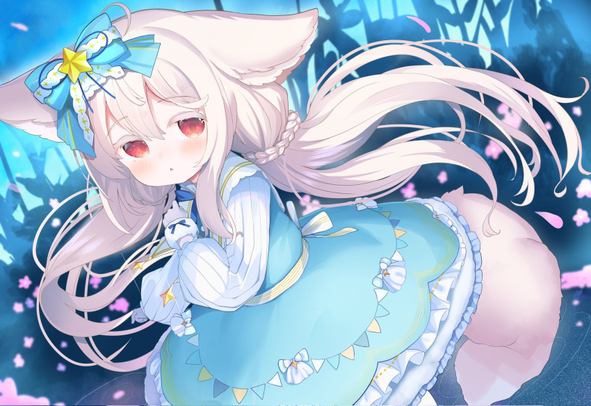 1girl animal_ears blue_dress bow child dress female_child fox_ears fox_girl fox_tail grey_hair hair_bow hands_on_own_chest highres long_hair low_twintails original red_eyes ribbon solo tail twintails very_long_hair yinpa_(wanone500511)