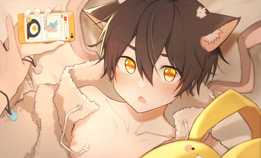 1boy absurdres animal_ears blush cat_boy cat_ears coat fang fluffy highres looking_at_viewer male_focus mole mole_under_mouth nipples open_mouth original phone phone_screen pornography short_hair solo stuffed_animal stuffed_toy sweat tatsu_wan topless_male watching