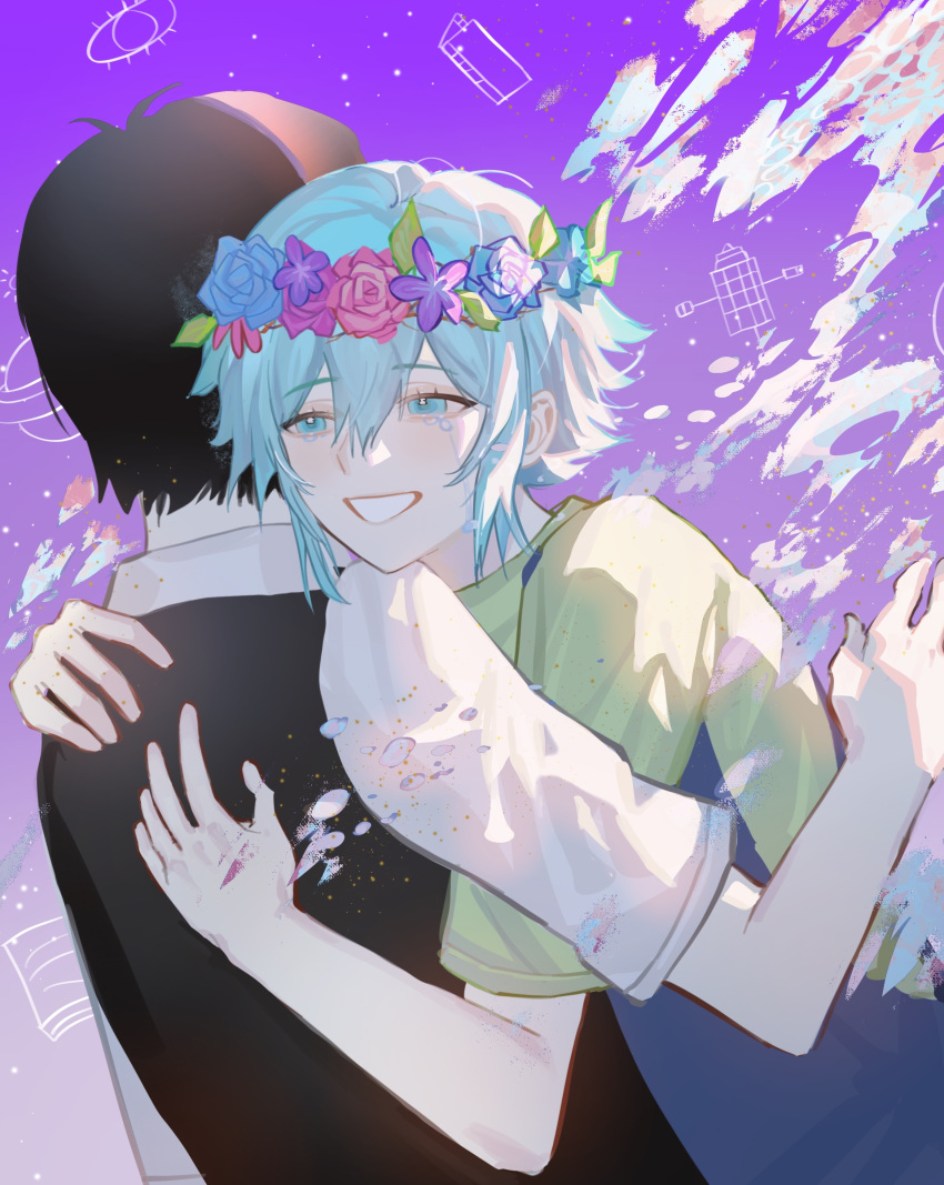 2boys absurdres bangs basil_(omori) black_hair black_vest blue_eyes blue_hair chinese_commentary commentary_request dissolving facing_away flower_wreath green_shirt grin hair_between_eyes hands_on_another's_back head_wreath highres hug looking_ahead male_focus multiple_boys omori omori_(omori) purple_background sadchunchun shirt short_hair short_sleeves smile tears upper_body vest white_shirt