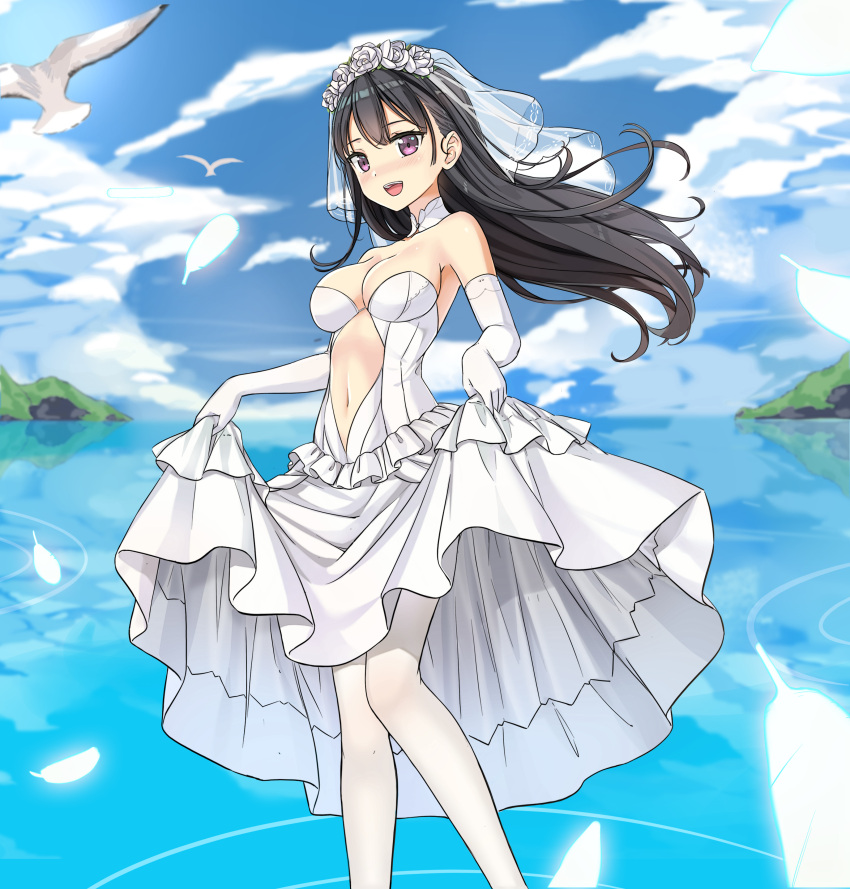1girl :d absurdres bare_shoulders bird black_hair blush breasts bridal_veil bride cleavage clothes_lift clothing_cutout cloud commentary_request detached_collar dress dress_lift elbow_gloves feathers feet_out_of_frame floating_hair flower forehead frilled_dress frills gloves glowing hair_flower hair_ornament highres knees_together_feet_apart legs_apart lifted_by_self long_hair looking_at_viewer medium_breasts navel navel_cutout open_mouth original outdoors pink_eyes purple_eyes reflection reflective_water rose shadow shenyuekong sky smile solo teeth upper_teeth veil wedding_dress white_bird white_dress white_flower white_gloves white_legwear white_rose