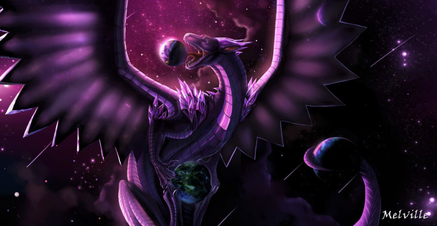 ambiguous_gender dragon feathered_wings feathers feral giga holding_planet imminent_vore licking macro melvilleicicle planet purple_body solo space stardust tongue tongue_out wings