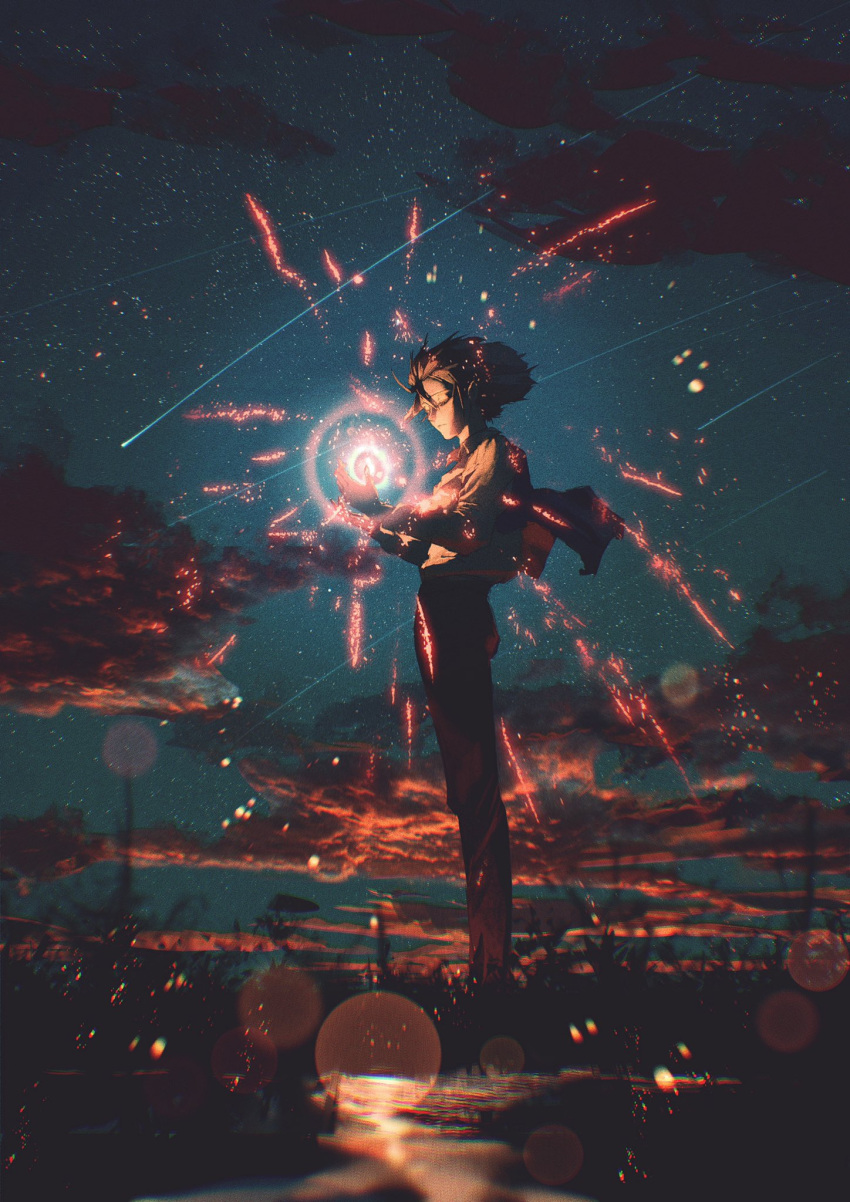 1boy closed_eyes cloud cloudy_sky collar comet commentary_request grass hands_up highres howl_(howl_no_ugoku_shiro) howl_no_ugoku_shiro lens_flare neg_(101neg) night night_sky open_hands pants shirt short_hair sky sleeves_past_elbows solo standing star_(sky) starry_sky studio_ghibli