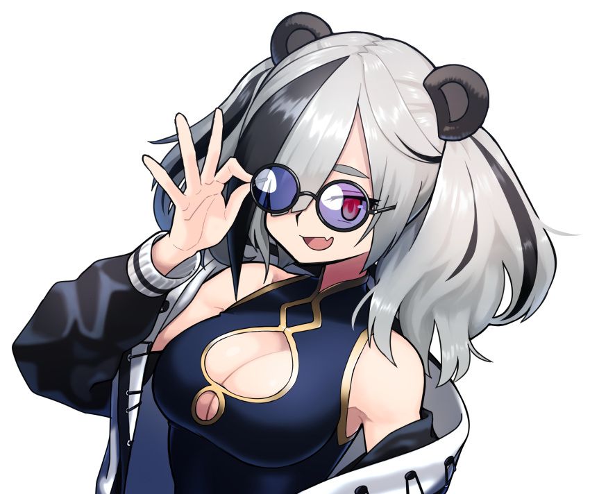 1girl adjusting_eyewear animal_ears arknights breasts china_dress chinese_clothes cleavage_cutout clothing_cutout dress evolvingmonkey fang feater_(arknights) grey_hair highres large_breasts multicolored_hair panda_ears purple-tinted_eyewear solo streaked_hair sunglasses tinted_eyewear twintails white_background