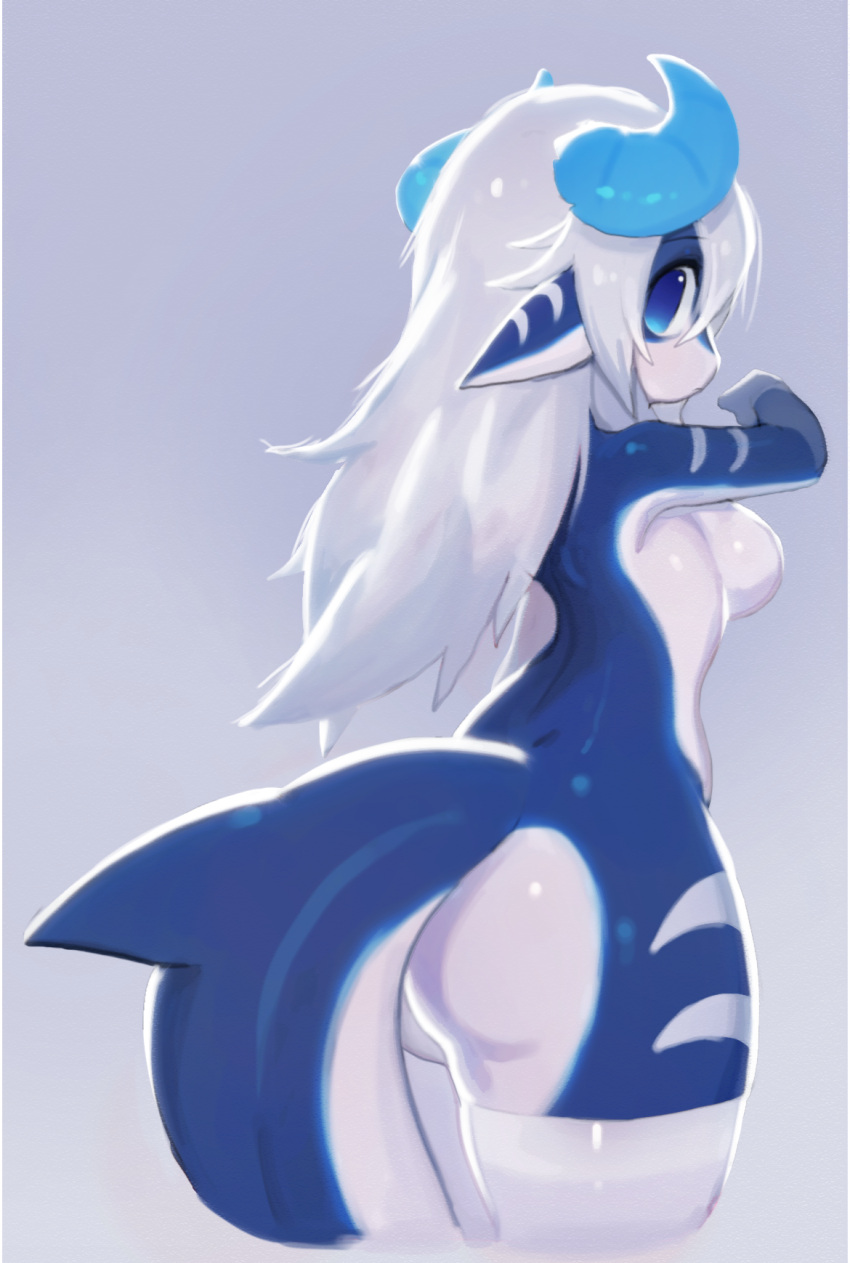 1girl ass blue_eyes blue_skin breasts colored_skin fish_tail from_behind furry furry_female highres horns long_hair medium_breasts multicolored_skin nude original pointy_ears shark_girl shark_tail sideboob solo tail uyu_(soda_uyu) white_hair white_skin