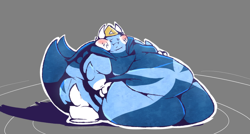 actualblueblu ambiguous_gender anthro belly belly_overhang blue_body blue_markings brush brushing cape chubby_belly chubby_cheeks clothing crown fak&eacute;mon fin fish hand_on_stomach hi_res horn marine markings moobs navel obese overweight slightly_chubby solo superchub swimce_(fakemon) thick_thighs