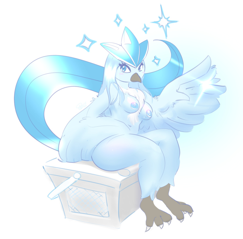 2020 anthro articuno avian beak bird blue_body blue_eyes blue_feathers blue_nipples breasts chest_tuft claws crate elpatrixf eyelashes feathers female hi_res legendary_pok&eacute;mon nintendo nipples nude pok&eacute;mon pok&eacute;mon_(species) shiny_pok&eacute;mon simple_background sitting solo sparkles talons tuft video_games white_background winged_arms wings