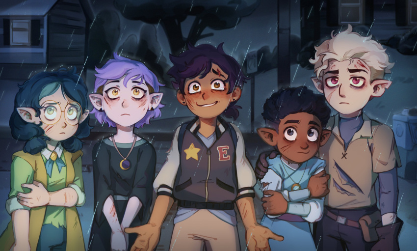 2boys 3girls amity_blight black_hair blonde_hair blood brown_hair crossed_arms dark-skinned_female dark-skinned_male dark_skin false_smile glasses gloves gus_porter hand_on_another's_shoulder highres hunter_(the_owl_house) jacket jewelry luz_noceda multiple_boys multiple_girls necklace notched_ear pointy_ears purple_hair rain red_eyes scar scar_on_cheek scar_on_face short_hair syashko tears the_owl_house torn_clothes willow_park yellow_eyes