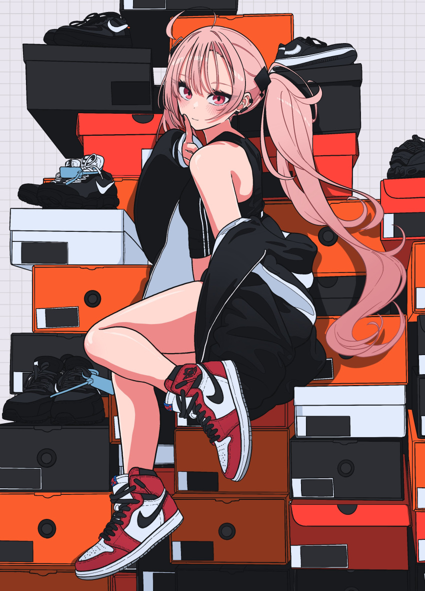 1girl absurdres bare_shoulders blush breasts ear_ornament highres jacket looking_at_viewer luvluvvox off_shoulder original pink_eyes pink_hair ponytail shoebox shoes shoes_removed sitting smile sneakers solo tank_top