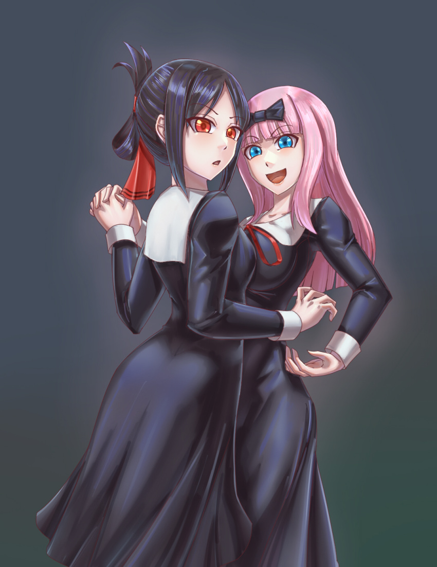 2girls bangs black_bow black_dress black_hair blue_eyes blunt_bangs bow breasts collarbone dress folded_ponytail fujiwara_chika hair_bow hair_down hair_ribbon highres holding_hands kaguya-sama_wa_kokurasetai_~tensai-tachi_no_renai_zunousen~ large_breasts leebigtree long_hair multiple_girls parted_bangs pink_hair red_eyes red_ribbon ribbon school_uniform shinomiya_kaguya short_hair shuuchiin_academy_school_uniform sidelocks small_breasts smile tareme