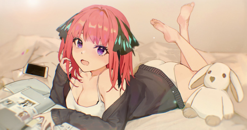 1girl ass bare_shoulders bed bedroom blouse blue_eyes breasts cellphone cleavage collarbone crossed_legs ellase feet go-toubun_no_hanayome hair_ornament hair_ribbon highres jacket large_breasts legs lens_flare looking_at_viewer lying nakano_nino on_stomach open_mouth panties phone playing_with_own_hair red_hair ribbon shirt solo stuffed_animal stuffed_toy teddy_bear underwear white_shirt