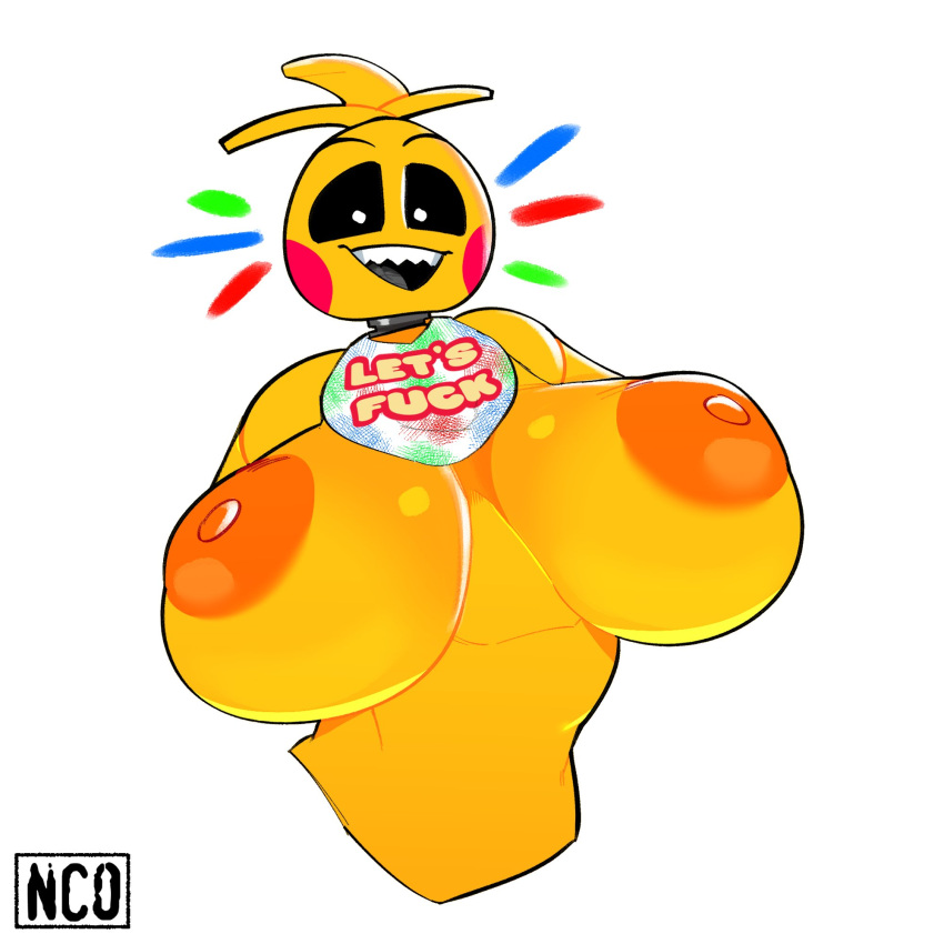 2022 animatronic anthro areola avian beakless bib big_breasts bird black_sclera blush blush_stickers breasts chicken digital_media_(artwork) english_text female five_nights_at_freddy's five_nights_at_freddy's_2 galliform gallus_(genus) hi_res huge_breasts looking_at_viewer machine nipples non-mammal_breasts open_mouth orange_areola orange_nipples phasianid profanity robot scottgames solo text toy_chica_(fnaf) video_games white_eyes yeehawt0wn yellow_body