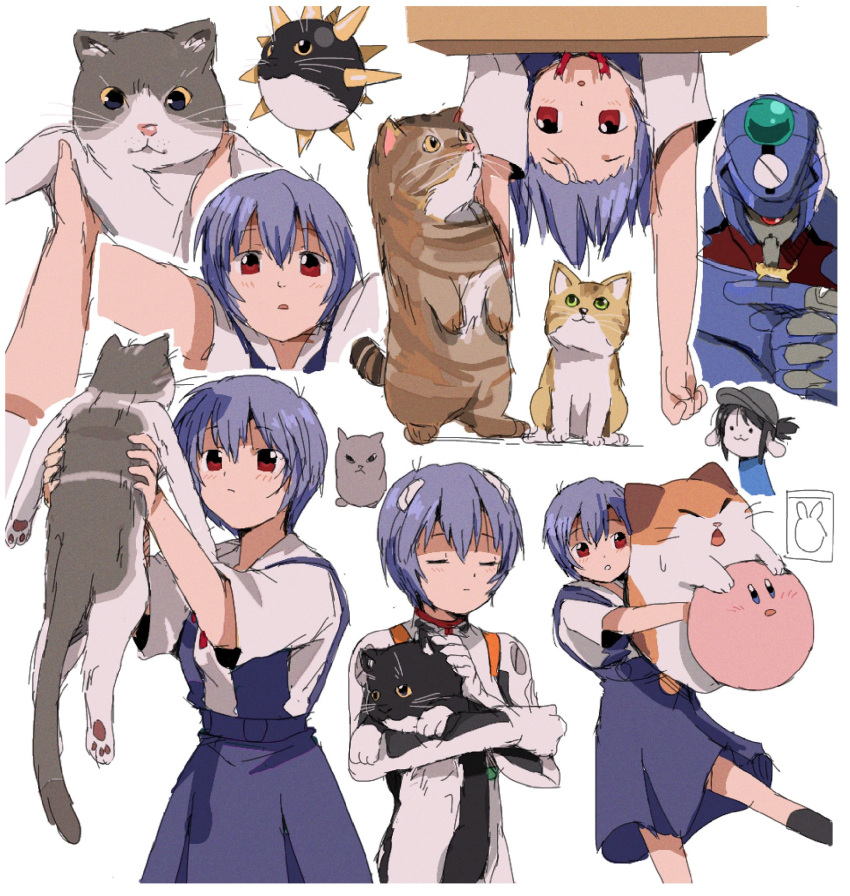 ayanami_rei bendedede blue_hair bodysuit cat closed_eyes closed_mouth eva_00 highres kirby kirby_(series) neon_genesis_evangelion plugsuit rebuild_of_evangelion red_eyes school_uniform simple_background tokyo-3_middle_school_uniform variations