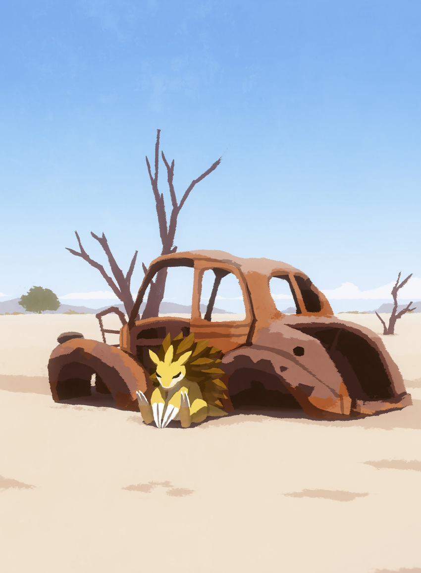 absurdres bare_tree claws closed_eyes day desert highres hyogonosuke junk no_humans on_ground outdoors pokemon pokemon_(creature) rust sandslash sitting sky sleeping sleeping_upright solo spikes tree