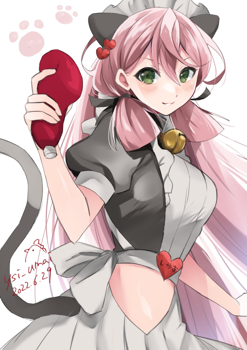 1girl akashi_(kancolle) animal_ears apron artist_logo bell black_dress blunt_tresses cat_ears cat_tail cowboy_shot dated dress frilled_apron frills green_eyes hair_ribbon highres hip_vent jingle_bell kantai_collection ketchup long_hair one-hour_drawing_challenge pink_hair ribbon solo squeeze_bottle tail toriniku_senshi_chikinman tress_ribbon white_apron