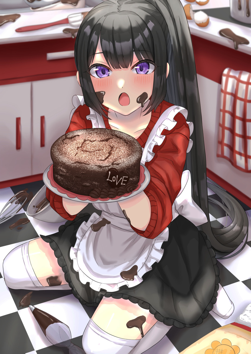 1girl :o absurdres apron back_bow bangs black_hair blush bow bowl cake checkered_floor chocolate chocolate_cake chocolate_on_body chocolate_on_clothes chocolate_on_face egg_(food) flour food food_on_body food_on_clothes food_on_face frills highres holding holding_plate indoors kitchen long_hair looking_at_viewer ma0rock messy on_floor open_mouth original pastry_bag plate ponytail powdered_sugar purple_eyes sitting skirt solo spatula sweater thighhighs tile_floor tiles very_long_hair wariza whisk