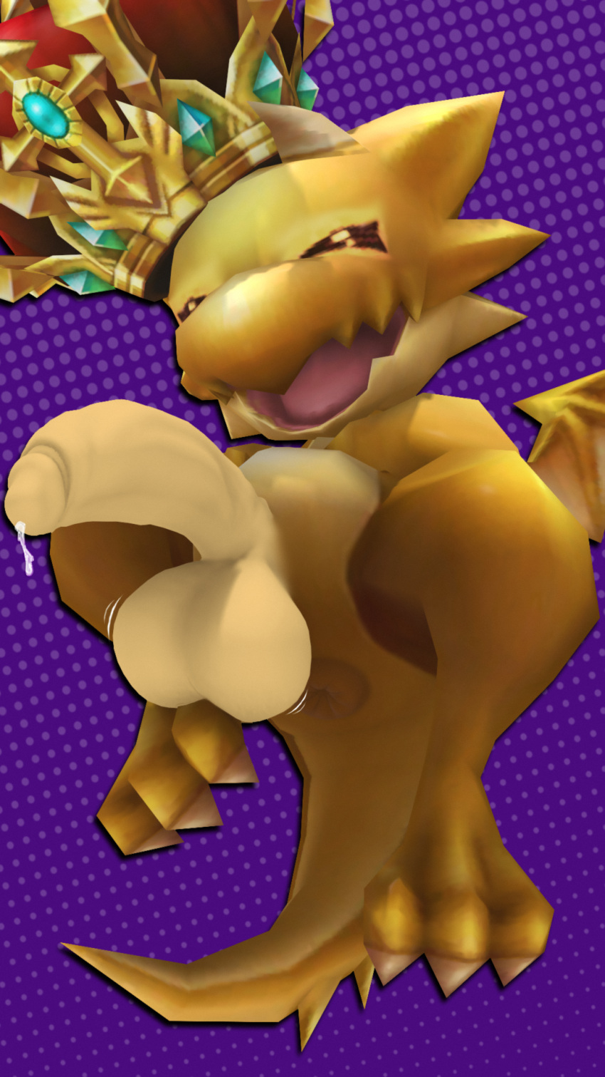 3_fingers 3_toes 3d_(artwork) anus balls big_balls big_penis bodily_fluids crown cygames digital_media_(artwork) dragalia_lost dragon dripping eyes_closed feet feral fingers genital_fluids genitals gold_body gold_fafnir hi_res male nintendo open_mouth penis precum precum_drip puffy_anus purple_background royal_cicada scales simple_background slightly_chubby solo source_filmmaker toes video_games wings