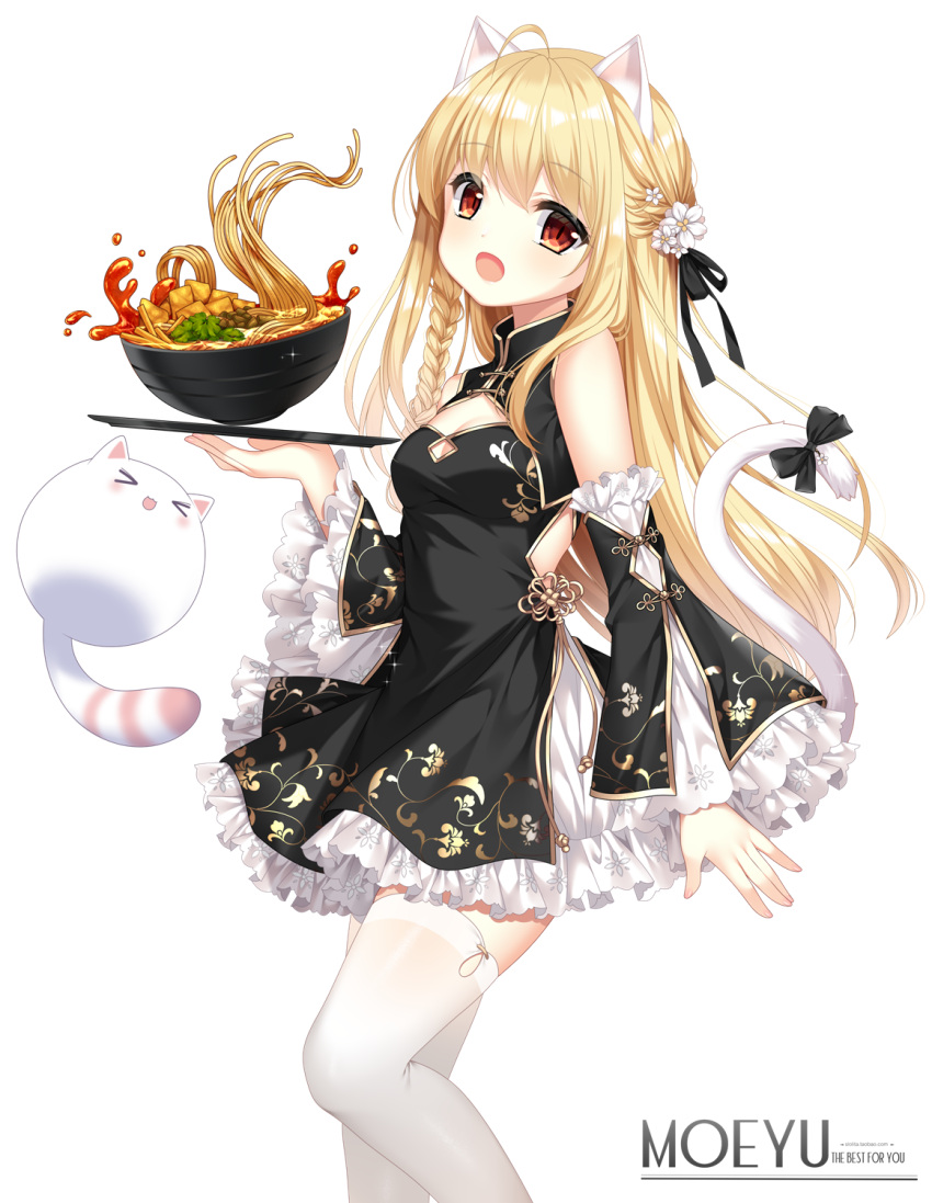 1girl :d animal animal_ear_fluff animal_ears bangs bare_shoulders black_bow black_dress black_ribbon black_sleeves blonde_hair bow bowl breasts cat cat_ears cat_girl cat_tail chili_pepper china_dress chinese_clothes cleavage cleavage_cutout clothing_cutout copyright_request detached_sleeves dress english_text feet_out_of_frame flower food frilled_sleeves frills hair_between_eyes hair_flower hair_ornament hair_ribbon highres holding holding_tray loading_(verjuice) long_hair long_sleeves looking_at_viewer noodles red_eyes ribbon simple_background sleeveless sleeveless_dress small_breasts smile solo standing tail tail_bow tail_ornament thighhighs tray very_long_hair watermark web_address white_background white_flower white_legwear wide_sleeves