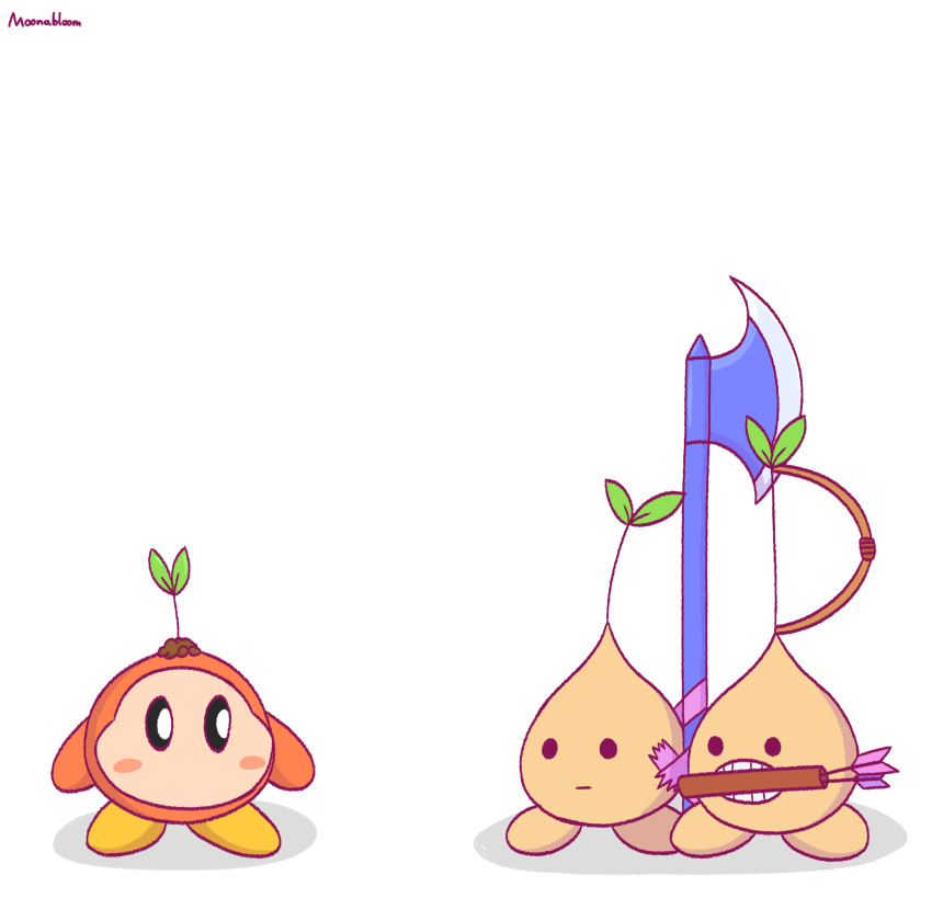 ambiguous_gender axe bow_(weapon) brown_body digital_drawing_(artwork) digital_media_(artwork) dirt feral group hi_res kirby_(series) leaf melee_weapon moonabloom nintendo omori_(game) orange_body plant ranged_weapon simple_background sprout_mole trio video_games waddle_dee waddling_head weapon yellow_body