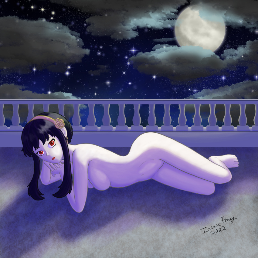 black_hair cloudy female hair hi_res human insaneproxy_(artist) light mammal moonlight not_furry nude red_eyes sky solo star starry_sky