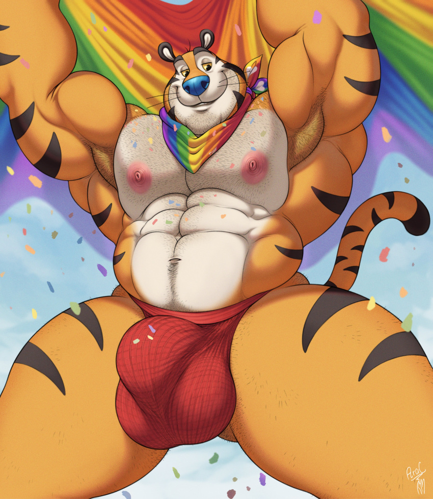 2022 abs absurd_res anthro ara_chibi armpit_hair barazoku bedroom_eyes biceps big_bulge big_muscles body_hair bulge chest_hair clothing collaboration confetti day detailed_bulge eyebrows facial_hair felid flag frosted_flakes fur happy_trail hi_res holding_flag holding_object huge_bulge huge_muscles kellogg's lgbt_history_month lgbt_pride looking_at_viewer low-angle_view male mammal mascot muscular muscular_anthro muscular_male narrowed_eyes navel neckerchief nipples obliques outside pantherine pecs pride_color_flag pride_color_neckerchief pride_colors pubes rainbow_pride_colors repzzmonster seductive signature smile solo standing striped_body stripes thick_thighs thong tiger tony_the_tiger tuft underwear whiskers