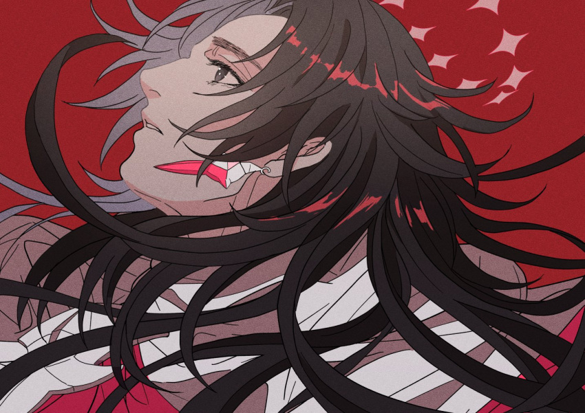 1boy black_eyes black_hair cloak constantine_xi_(fate) curtained_hair earrings fate/grand_order fate_(series) halo jewelry kimiruun long_hair looking_up male_focus parted_lips portrait profile red_background simple_background solo white_cloak