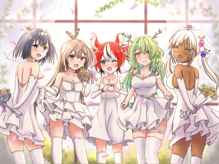 5girls ;d alpha_cas animal_ear_fluff antlers arms_behind_back bangs bare_back bare_shoulders black_hair blue_eyes blue_hair blush bouquet breasts bridal_veil brown_hair ceres_fauna cleavage closed_eyes closed_mouth collarbone crossed_bangs dark-skinned_female dark_skin dot_nose dress elbow_gloves english_commentary fang feather_hair_ornament feathers flower frilled_dress frills from_behind gloves green_hair hair_between_eyes hair_bobbles hair_flower hair_ornament hakos_baelz heart heart_hands highres holding hololive hololive_english indoors jewelry key large_breasts legs_apart long_hair looking_at_viewer medium_breasts mouse_girl multicolored_eyes multicolored_hair multiple_girls nanashi_mumei necklace off-shoulder_dress off_shoulder one_eye_closed ouro_kronii over-kneehighs petals red_hair sideboob small_breasts smile standing thigh_strap thighhighs tsukumo_sana twintails veil virtual_youtuber wedding wedding_dress white_gloves white_hair window yellow_eyes
