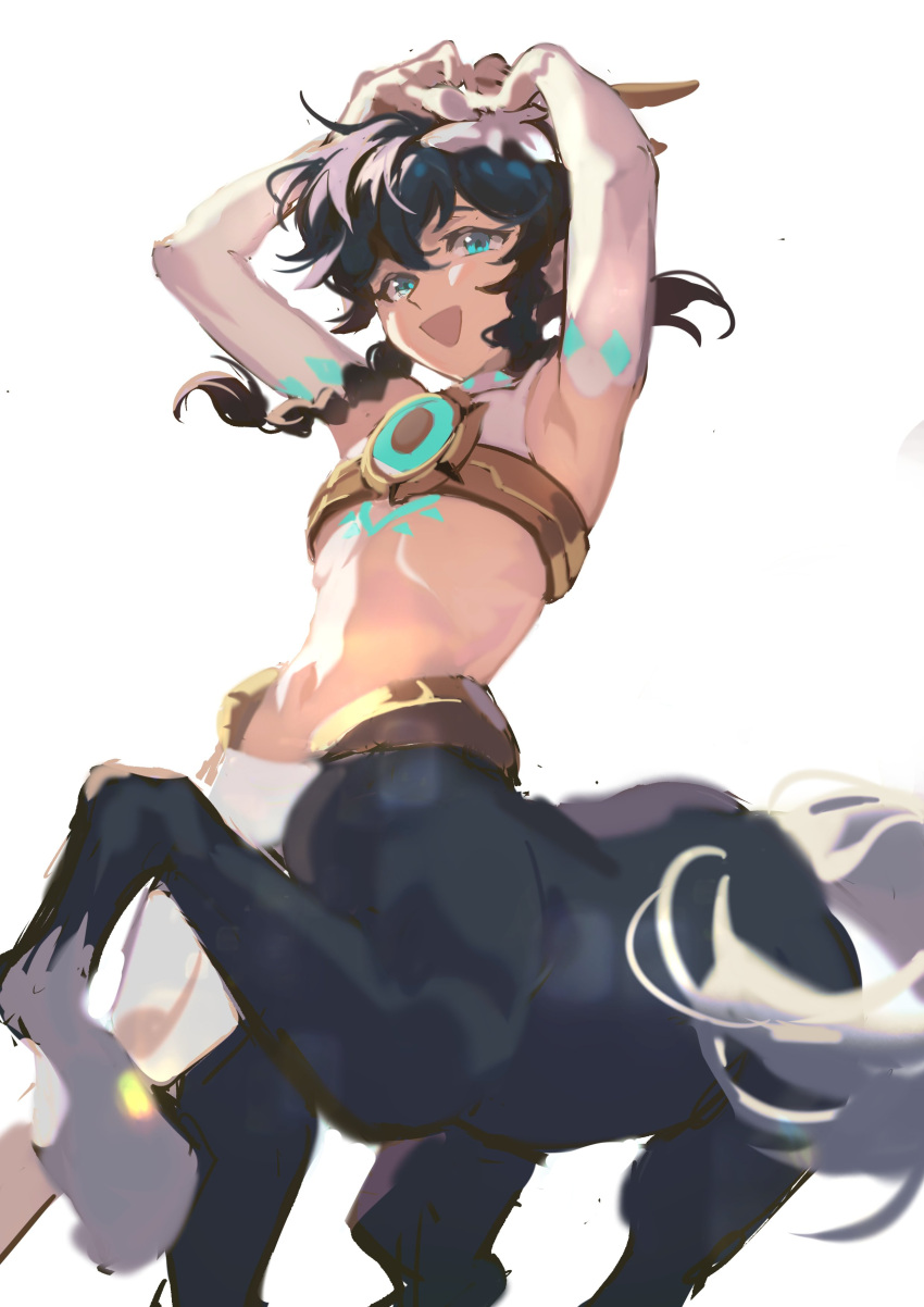 1boy :d absurdres aqua_eyes armpits arms_up bangs bare_shoulders black_hair braid centaur chest_tattoo chinese_commentary commentary_request cowboy_shot crop_top elbow_gloves flower fridaynightcat genshin_impact gloves hair_between_eyes hair_flower hair_ornament highres horse_tail looking_at_viewer male_focus midriff monster_boy monsterification multiple_legs navel open_mouth shirt short_hair short_hair_with_long_locks side_braids sidelocks simple_background sleeveless sleeveless_shirt smile solo standing_on_three_legs tail tattoo taur twin_braids venti_(genshin_impact) white_background white_flower white_gloves white_shirt