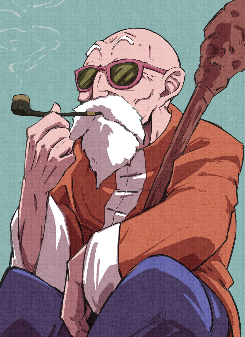 1boy absurdres bald beard dragon_ball facial_hair highres liedein male_focus mustache muten_roushi old old_man pants simple_background sitting smoking_pipe solo sunglasses