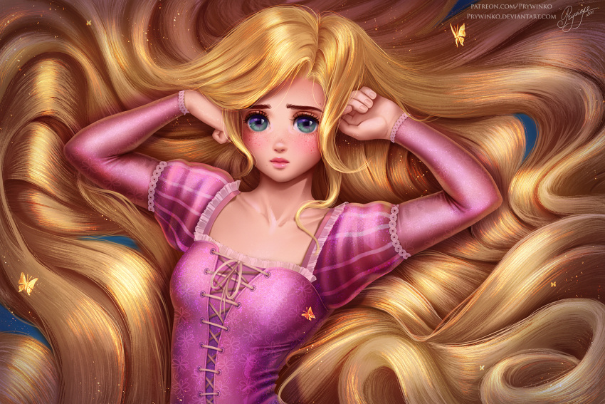 1girl absurdly_long_hair blonde_hair blue_eyes bug butterfly deviantart_username disney dress hand_on_own_head long_hair long_sleeves looking_at_viewer lying on_back patreon_username pink_dress prywinko rapunzel rapunzel_(disney) signature solo very_long_hair yellow_butterfly