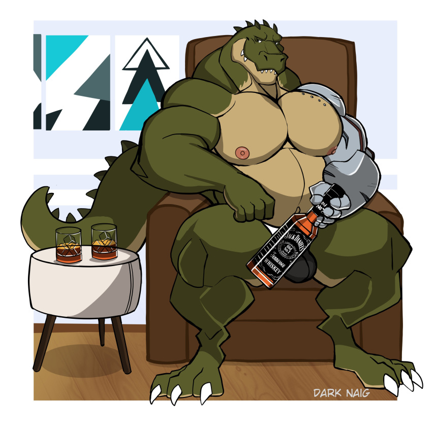 absurd_res alcohol alligator alligatorid anthro beverage big_pecs bulge chair claws clothing crocodilian darknaigart furniture green_body hi_res male muscular muscular_anthro muscular_male nipples pecs prosthetic prosthetic_arm prosthetic_limb reptile scalie sitting solo underwear