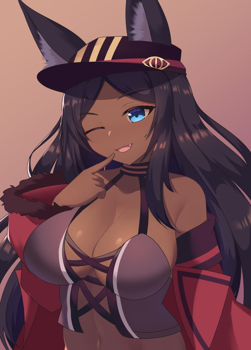 1girl absurdres animal_ears black_hair blue_eyes breasts cleavage dark-skinned_female dark_skin fang fate/grand_order fate_(series) finger_to_mouth highres jifuwabe large_breasts navel one_eye_closed parted_lips queen_of_sheba_(fate) smile solo upper_body