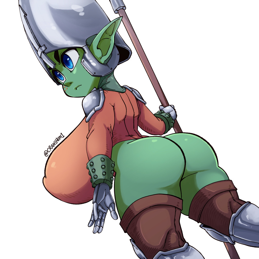 2022 absurd_res armor big_breasts big_butt breasts butt female goblin headgear helmet hi_res holding_polearm huge_breasts humanoid not_furry nuclearwasabi short_stack simple_background solo white_background