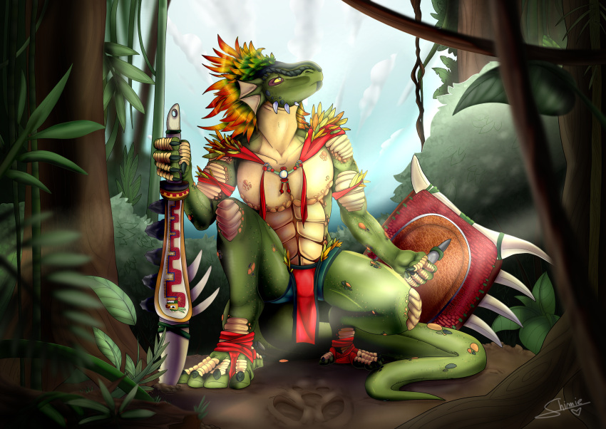 anthro bottomwear claws clothing digital_media_(artwork) feathers foot_wraps hi_res jungle lizard loincloth male melee_weapon paws plant reptile scalie shield shimie_kimera skaereth solo sword tree weapon wraps