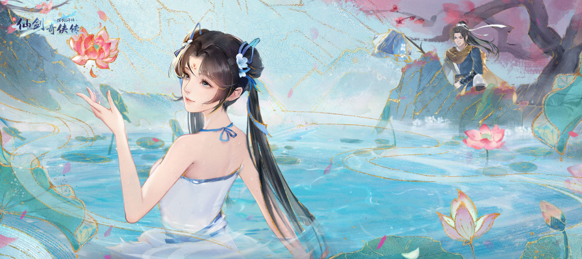 1boy 1girl black_hair blue_eyes clothes_hanger double_bun dress facial_mark flower forehead_mark hair_bun highres looking_up outstretched_hand smile smoke swimming tree twintails white_dress xian_jian_qi_xia_zhuan_(series) yi_gen_tian_she_zhang zhao_linger