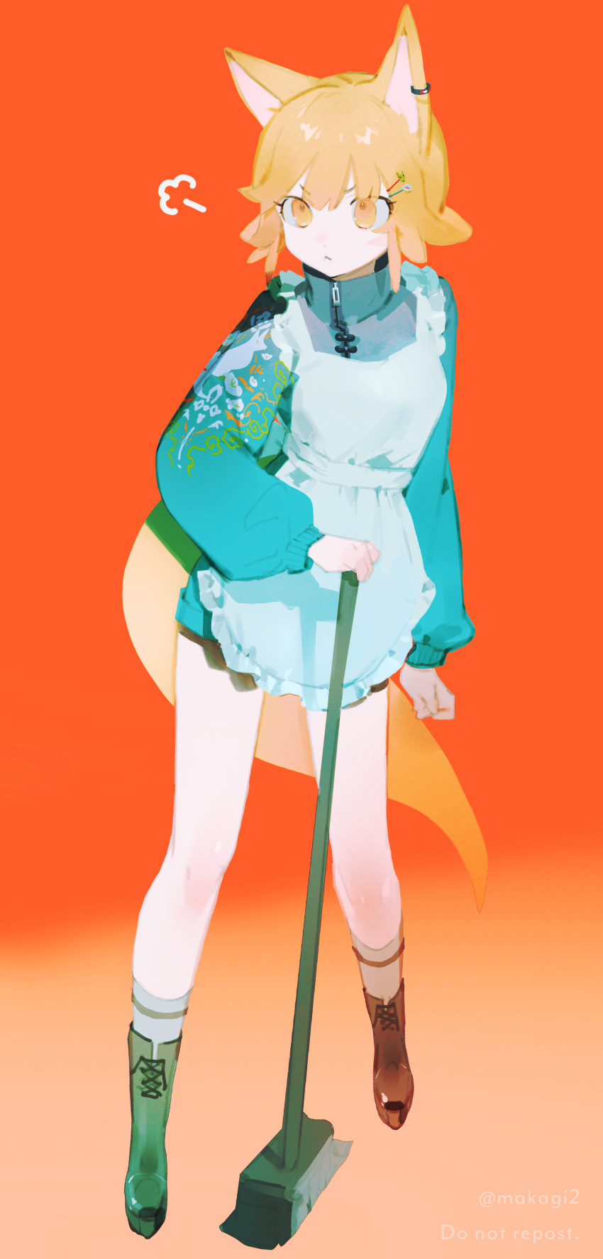 1girl :&lt; absurdres animal_ears apron blue_dress boots commentary_request dress ear_piercing full_body gradient gradient_background hair_ornament hairclip highres holding holding_mop kappougi kneehighs long_sleeves makagi2 mop no_lineart orange_eyes orange_hair original piercing procreate_(medium) short_hair simple_background solo standing tail twitter_username white_apron zipper