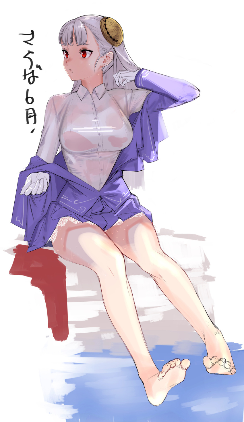 1girl absurdres barefoot breasts capcom_fighting_jam commentary_request gloves hairpods highres ingrid_(capcom) jacket jacket_partially_removed large_breasts legwear_removed long_hair purple_jacket red_eyes shirt solo tetsu_(kimuchi) translation_request wet wet_clothes wet_shirt white_gloves white_hair