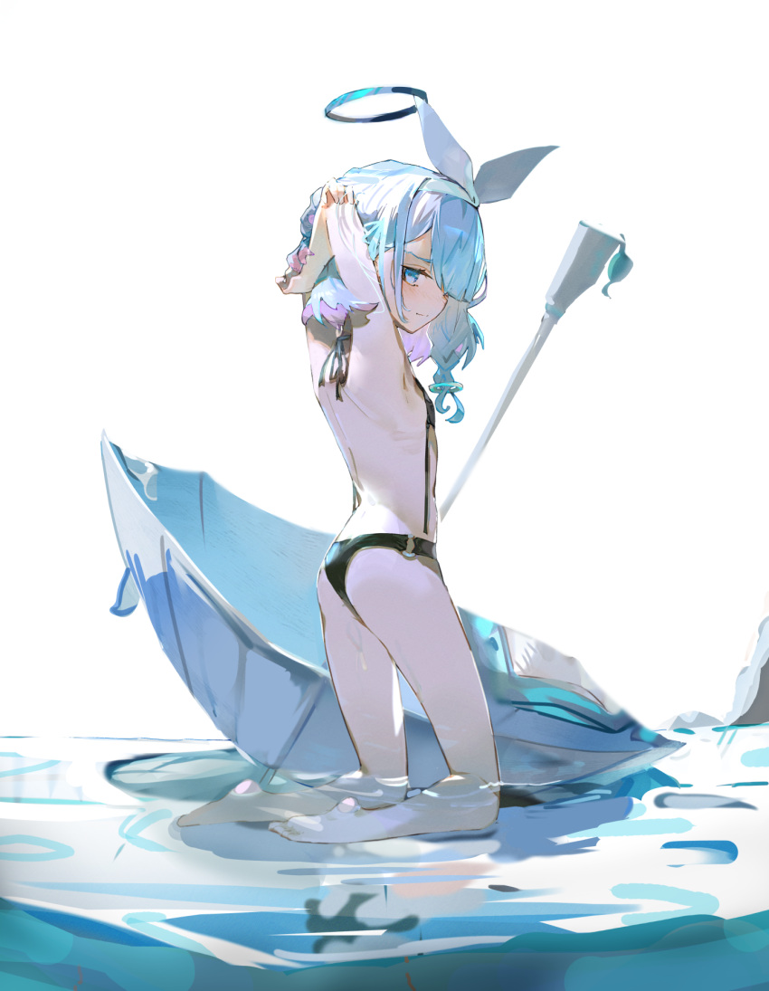 1girl arm_behind_head arms_up arona_(blue_archive) bare_legs barefoot bikini black_bikini blue_archive blue_eyes blue_hair blue_umbrella blush braid closed_mouth commentary_request hair_ribbon halo highres kneeling long_hair looking_at_viewer looking_to_the_side multicolored_hair o-ring o-ring_bikini o-ring_bottom pink_hair ribbon shallow_water solo swimsuit tota_(sizukurubiks) two-tone_hair umbrella water white_background white_ribbon