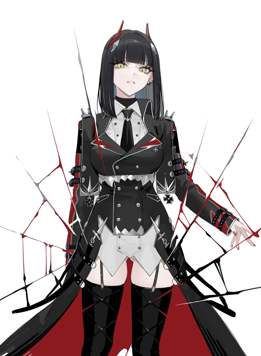 1girl alternate_costume alternate_hair_length alternate_hairstyle azur_lane bangs black_coat black_hair black_legwear black_necktie blunt_bangs breasts coat cross ear_piercing eyelashes garter_straps highres horns iron_cross long_sleeves looking_at_viewer mechanical_horns medium_breasts nail_polish necktie nuae5elll parted_lips piercing red_nails simple_background solo thighhighs ulrich_von_hutten_(azur_lane) white_background yellow_eyes