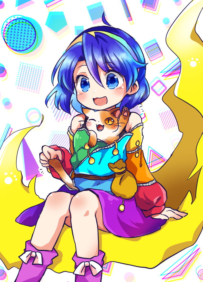 1girl ahoge animal blue_eyes blue_hair blush boots cat dress goutokuji_mike goutokuji_mike_(cat) hair_between_eyes hairband highres knee_boots multicolored_clothes multicolored_dress multicolored_hairband open_mouth patchwork_clothes pote_(ptkan) purple_footwear rainbow_gradient short_hair smile solo tenkyuu_chimata touhou