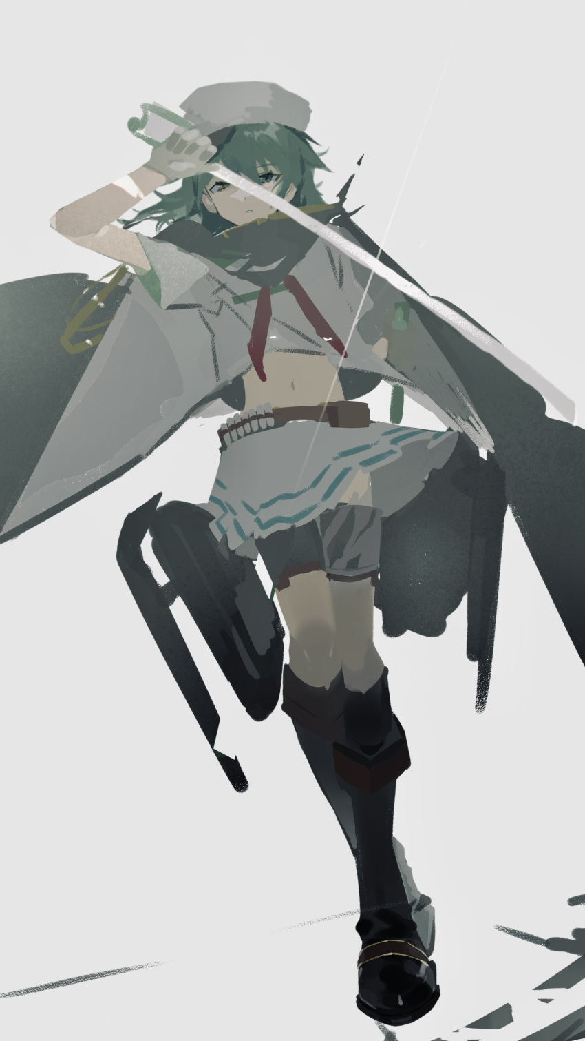 1girl absurdres black_footwear boots cape closed_mouth dual_wielding gloves green_eyes green_hair grey_background hair_between_eyes hat heterochromia highres holding holding_sword holding_weapon kantai_collection kiso_(kancolle) kiso_kai_ni_(kancolle) knee_boots looking_at_viewer makagi2 neckerchief no_eyepatch pleated_skirt red_neckerchief rigging short_sleeves simple_background sketch skirt sword weapon white_skirt yellow_eyes