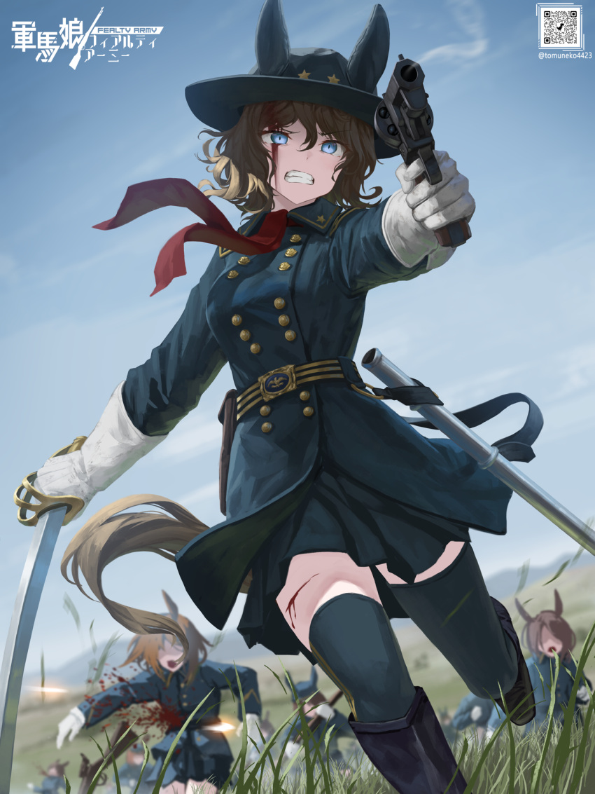 6+girls black_footwear blood blood_on_face blue_coat blue_eyes blue_headwear blue_legwear boots breasts brown_hair coat day dual_wielding gun hat highres holding holding_gun holding_sword holding_weapon horse_girl injury long_sleeves medium_breasts medium_hair military military_uniform multiple_girls original outdoors personification revolver running saber_(weapon) scabbard sheath sword thighhighs tom-neko_(zamudo_akiyuki) uniform unsheathed weapon