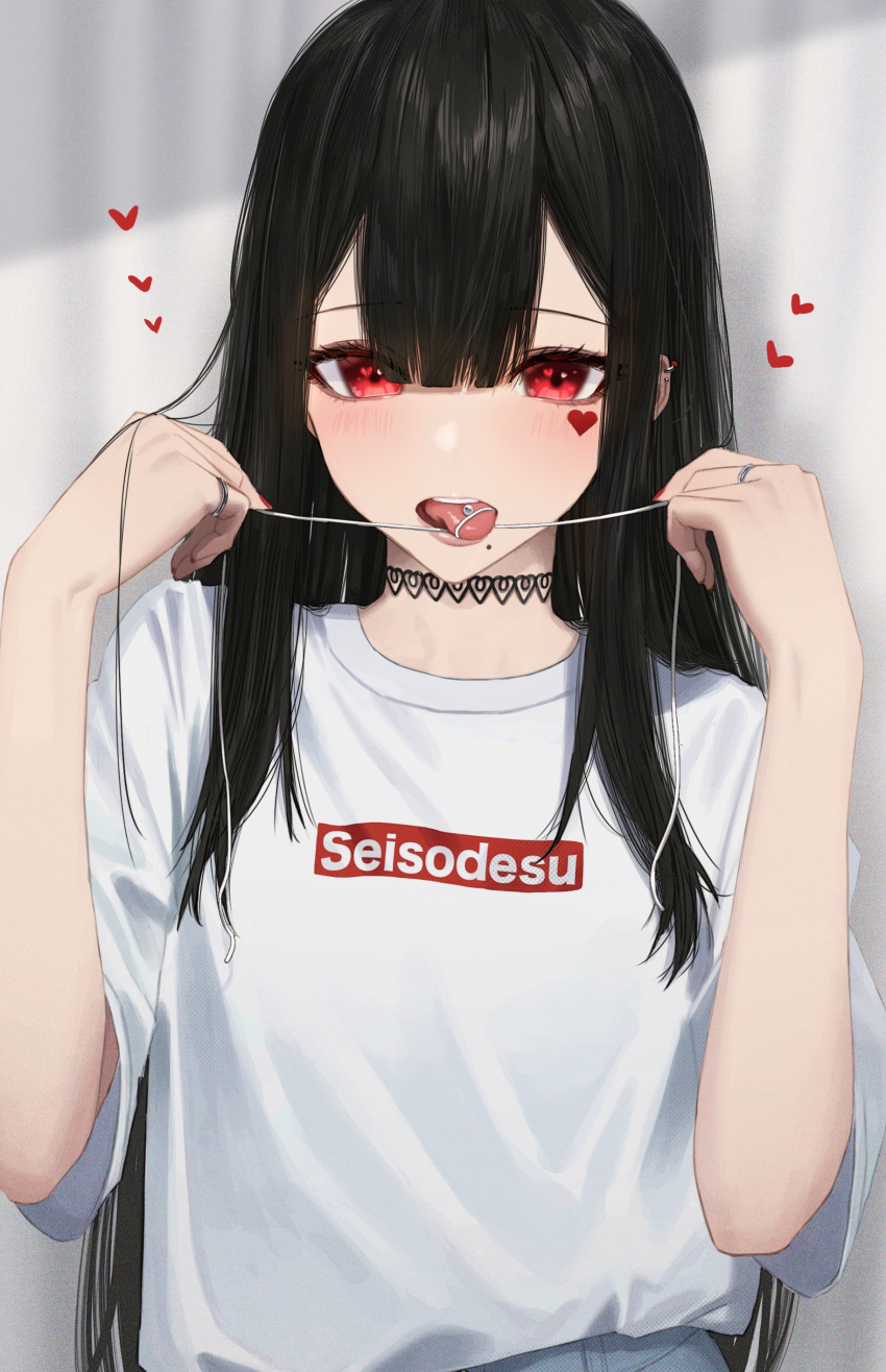 1girl absurdres bangs blush brown_hair choker copyright_request ear_piercing hara_kenshi heart heart_tattoo highres holding holding_string jewelry long_hair pants piercing red_eyes ring shiny shiny_hair shirt shirt_tucked_in short_sleeves solo string tattoo tongue tongue_out tongue_piercing white_shirt