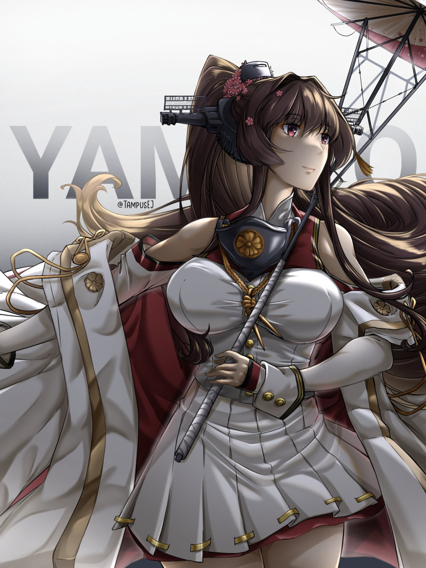 1girl breasts brown_hair character_name cherry_blossoms clothing_cutout coat coat_on_shoulders collar cowboy_shot flower hair_flower hair_intakes hair_ornament headgear highres kantai_collection kazaharu_matsuhata large_breasts long_coat long_hair long_sleeves metal_collar multicolored_umbrella oil-paper_umbrella pleated_skirt ponytail red_eyes red_umbrella sakuramon shirt shoulder_cutout sidelocks skirt sleeveless_coat solo standing umbrella white_coat white_shirt white_skirt white_umbrella yamato_(kancolle) yamato_kai_ni_(kancolle)