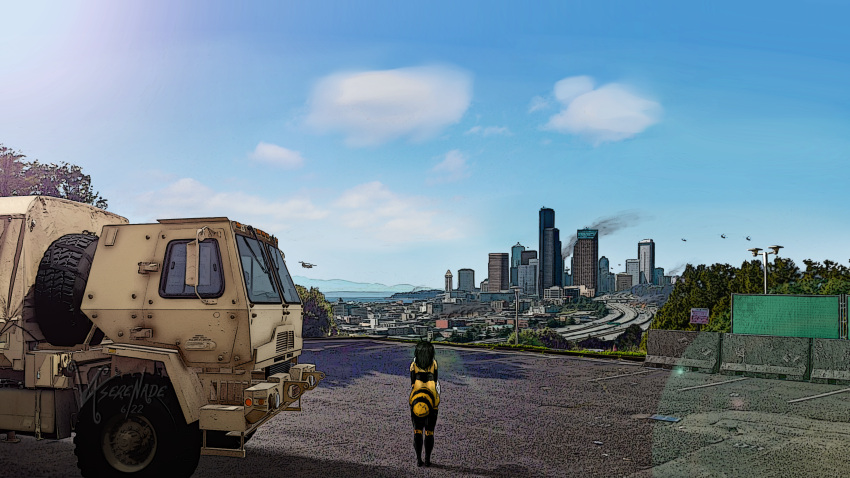 absurd_res aircraft ambiguous_gender anthro apocalypse armored_vehicle arthropod balls bee big_balls blue_sky bumble_bee_(species) burning_building city city_background cityscape digital_media_(artwork) edit genitals helicopter hi_res huge_balls hymenopteran hyper hyper_balls hyper_genitalia insect lisle_(vxserenade) male military military_vehicle nude pandemic photo_manipulation photography_(artwork) plantigrade sky skyscraper solo vxserenade