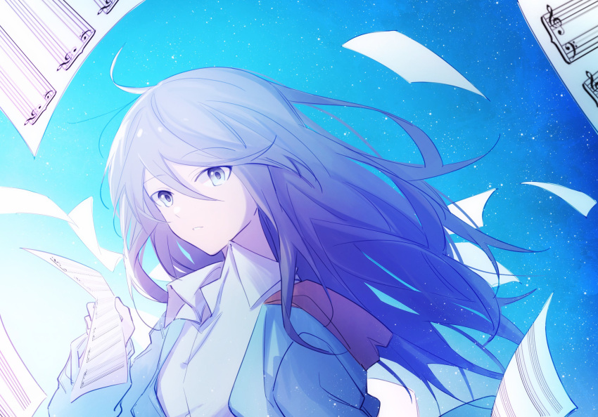 1girl bangs black_hair blue_jacket blue_sky collared_shirt expressionless floating_hair gradient gradient_sky grey_eyes hair_between_eyes hibioes highres holding holding_paper hood hood_down hooded_jacket hoshino_ichika_(project_sekai) jacket long_hair looking_at_viewer messy_hair paper parted_lips project_sekai sheet_music shirt sky solo star_(sky) starry_sky swept_bangs tsurime upper_body white_shirt