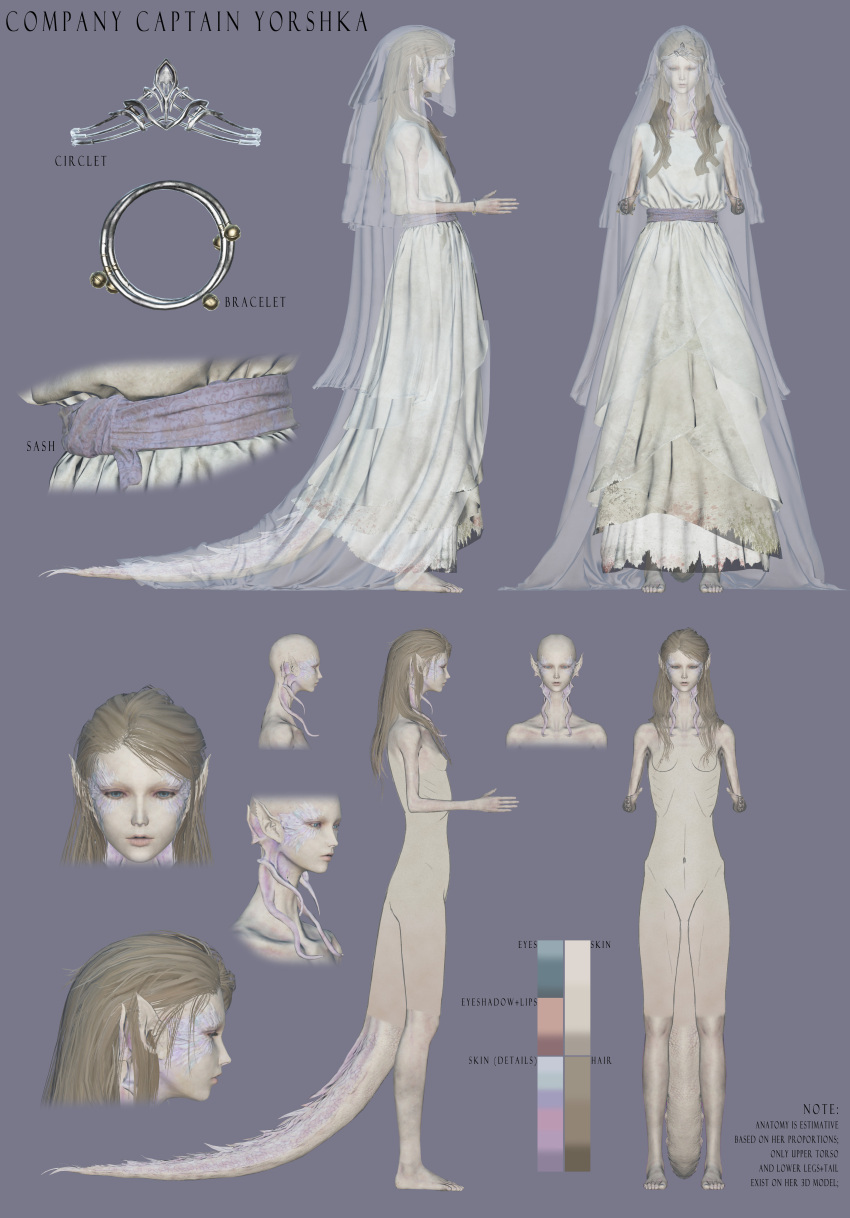 1girl absurdres barefoot blue_eyes breasts bridal_veil brown_hair character_sheet company_captain_yorshka dark_souls_(series) dark_souls_iii dragon_girl dragon_tail dress highres long_hair monster_girl multiple_views nipples non-web_source nude pointy_ears scales tail tiara veil